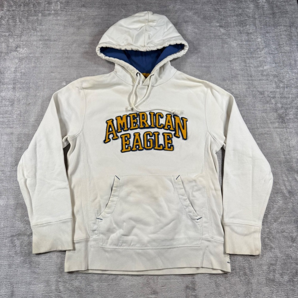 American Eagle Sweatshirt Mens Medium White Collegiate Pique Spell Out Y2K